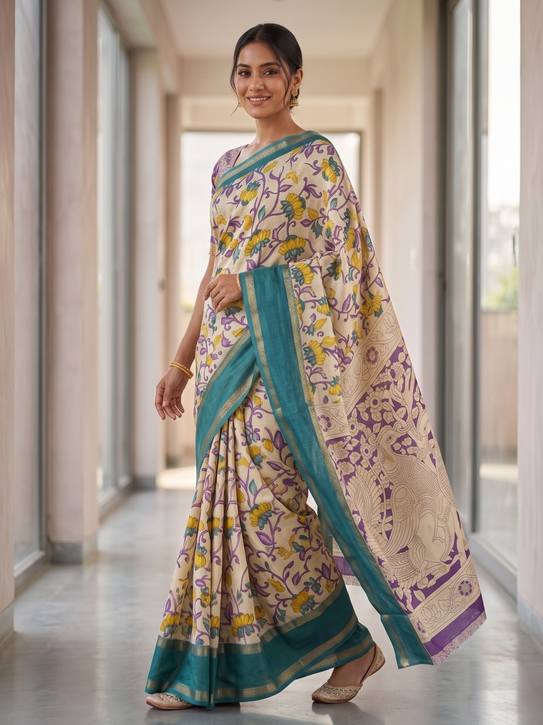 Peachmode Teal Pure Cotton Silk Saree With Bentex Jacquard And Chennur Kalamkari Floral Print - Image 3