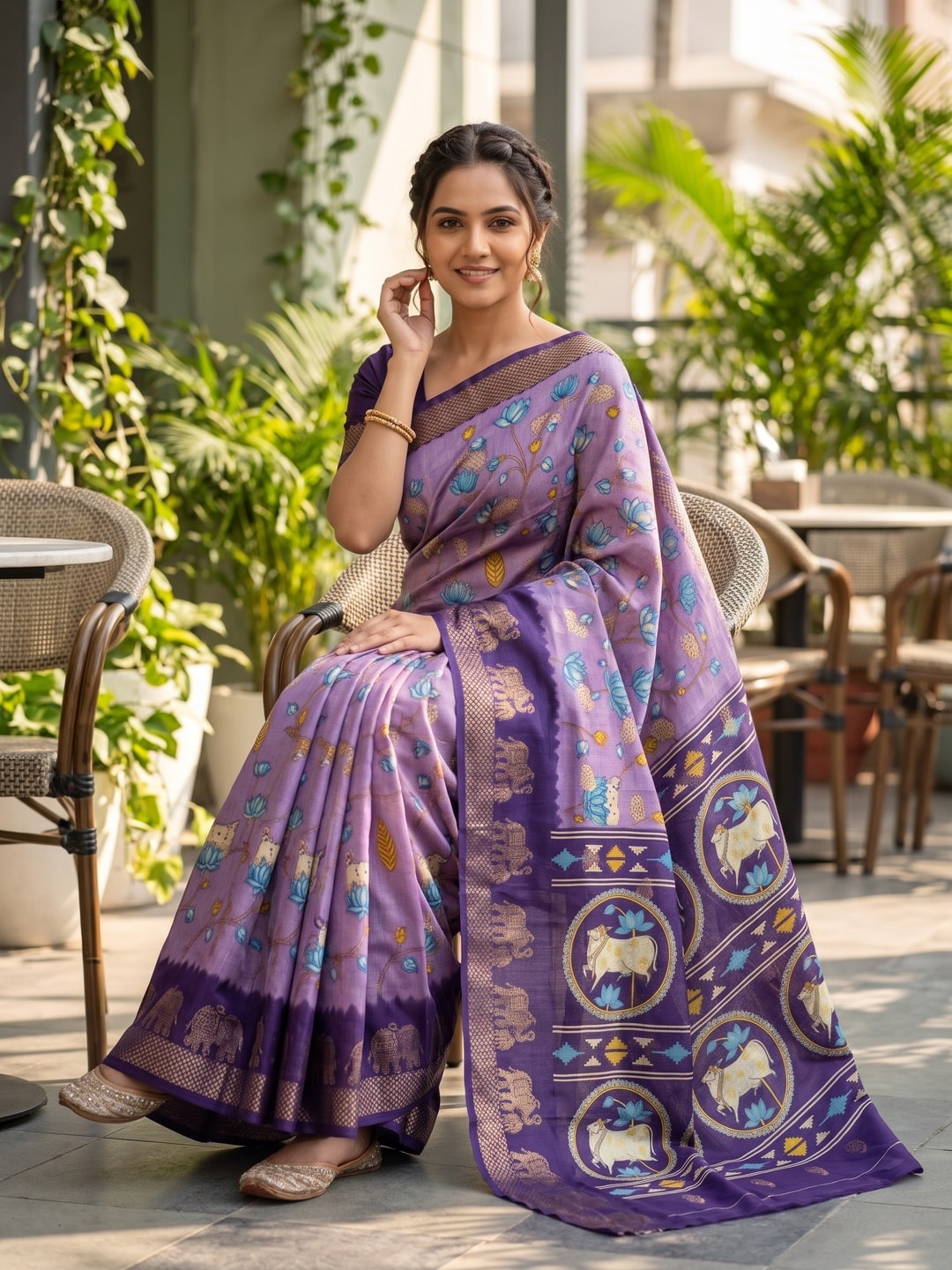 Peachmode Lavender Pure Cotton Silk Saree With Kalamkari Jacquard And Lotus Print Cow Medallion Pallu - Image 4