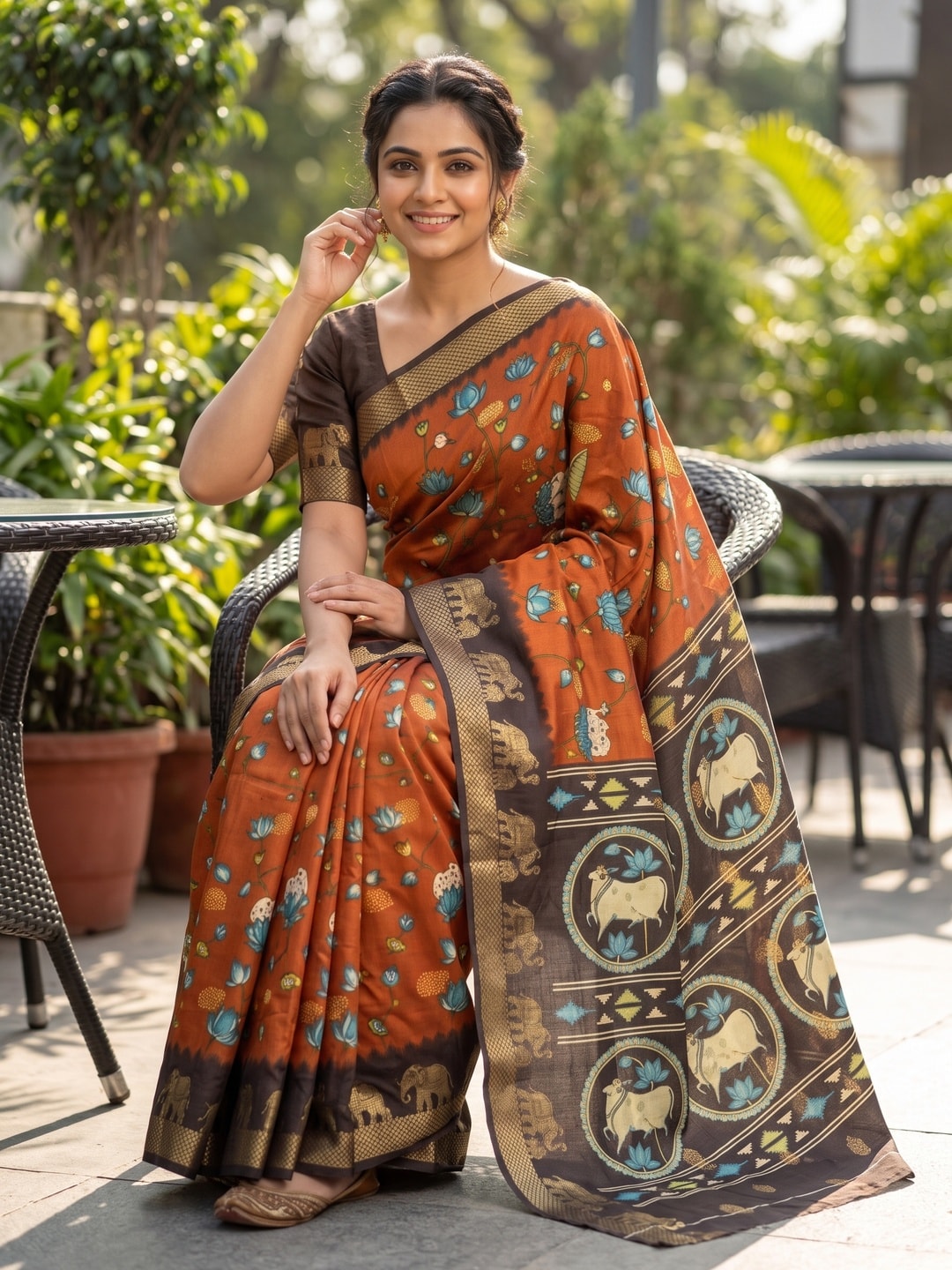 Peachmode Orange Pure Cotton Silk Saree With Kalamkari Jacquard And Lotus Print Cow Medallion Pallu - Image 4