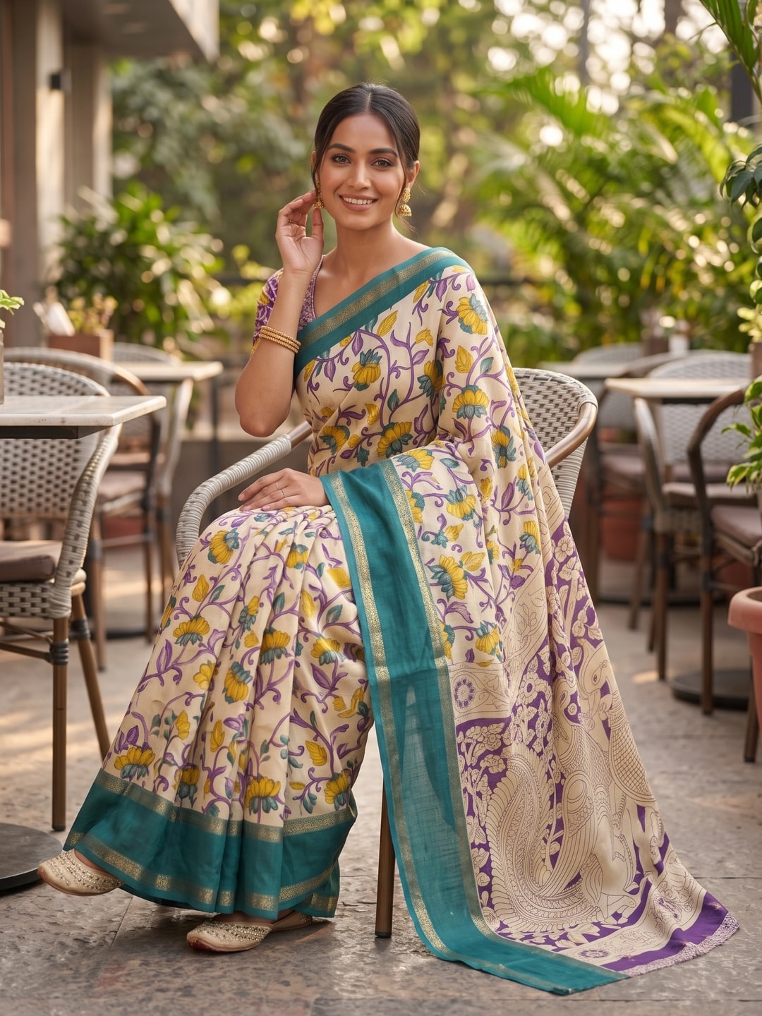 Peachmode Teal Pure Cotton Silk Saree With Bentex Jacquard And Chennur Kalamkari Floral Print - Image 4