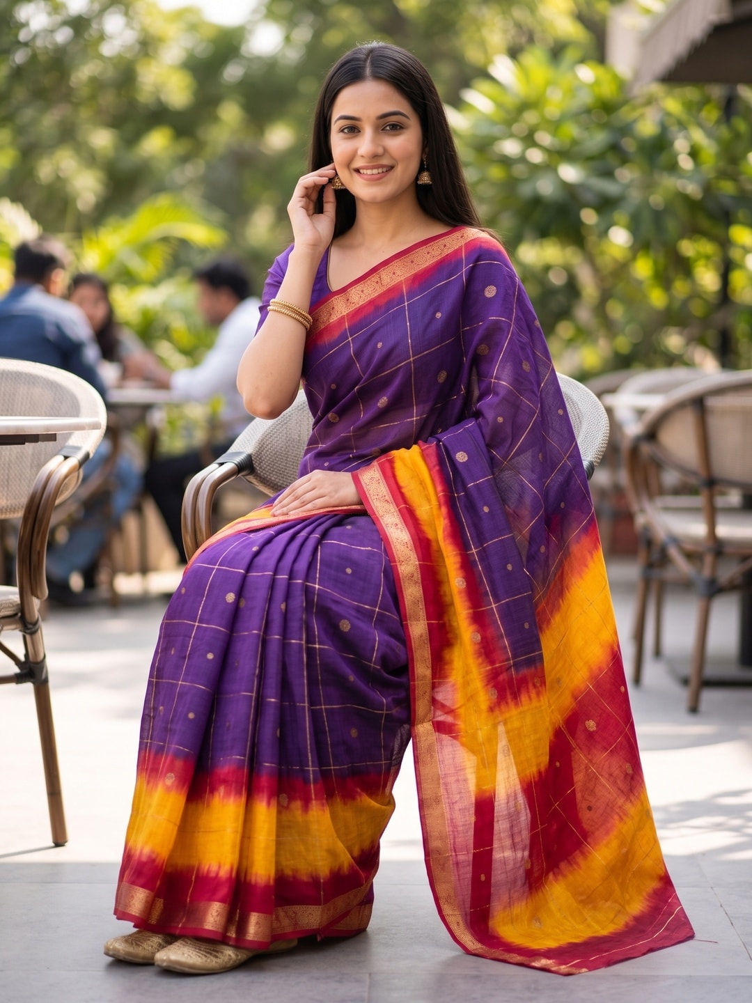 Peachmode Purple Pure Cotton Silk Saree With Bentex Jacquard And Shiburi Tie-Dye Print - Image 4