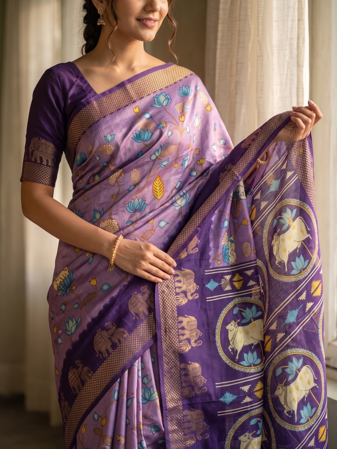 Peachmode Lavender Pure Cotton Silk Saree With Kalamkari Jacquard And Lotus Print Cow Medallion Pallu - Image 5