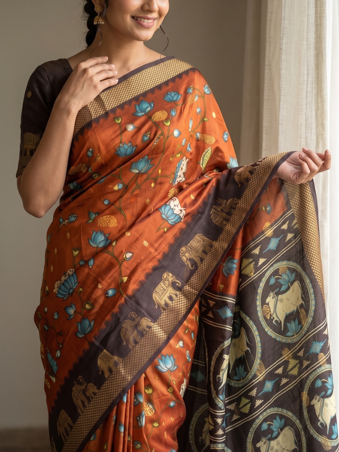 Peachmode Orange Pure Cotton Silk Saree With Kalamkari Jacquard And Lotus Print Cow Medallion Pallu - Image 5