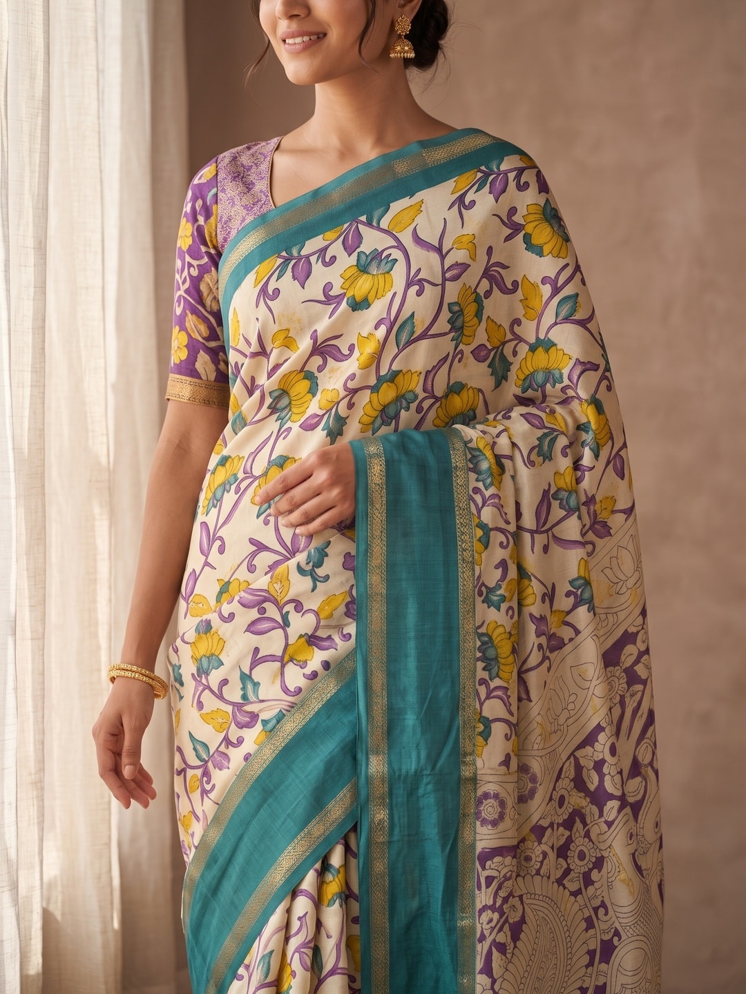 Peachmode Teal Pure Cotton Silk Saree With Bentex Jacquard And Chennur Kalamkari Floral Print - Image 5