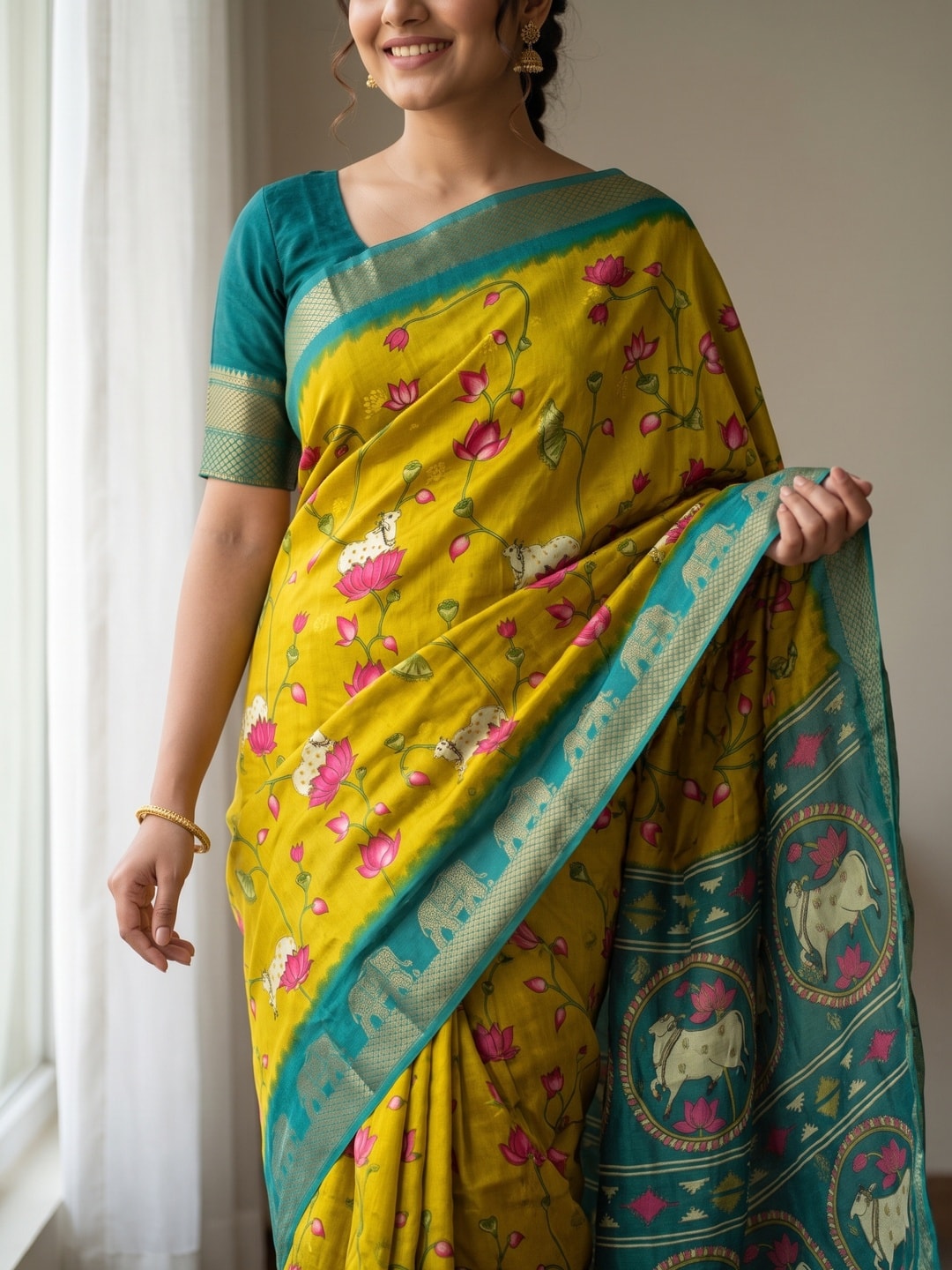 Peachmode Yellow Pure Cotton Silk Saree With Kalamkari Jacquard And Lotus Print Cow Medallion Pallu - Image 5