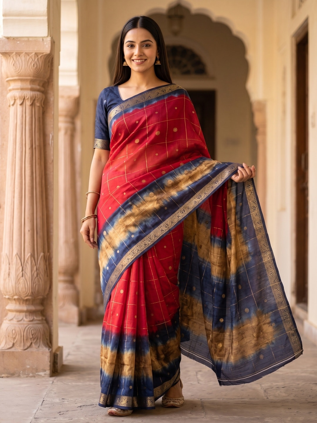 Peachmode Crimson Pure Cotton Silk Saree With Bentex Jacquard And Shiburi Tie-Dye Print - Image 1