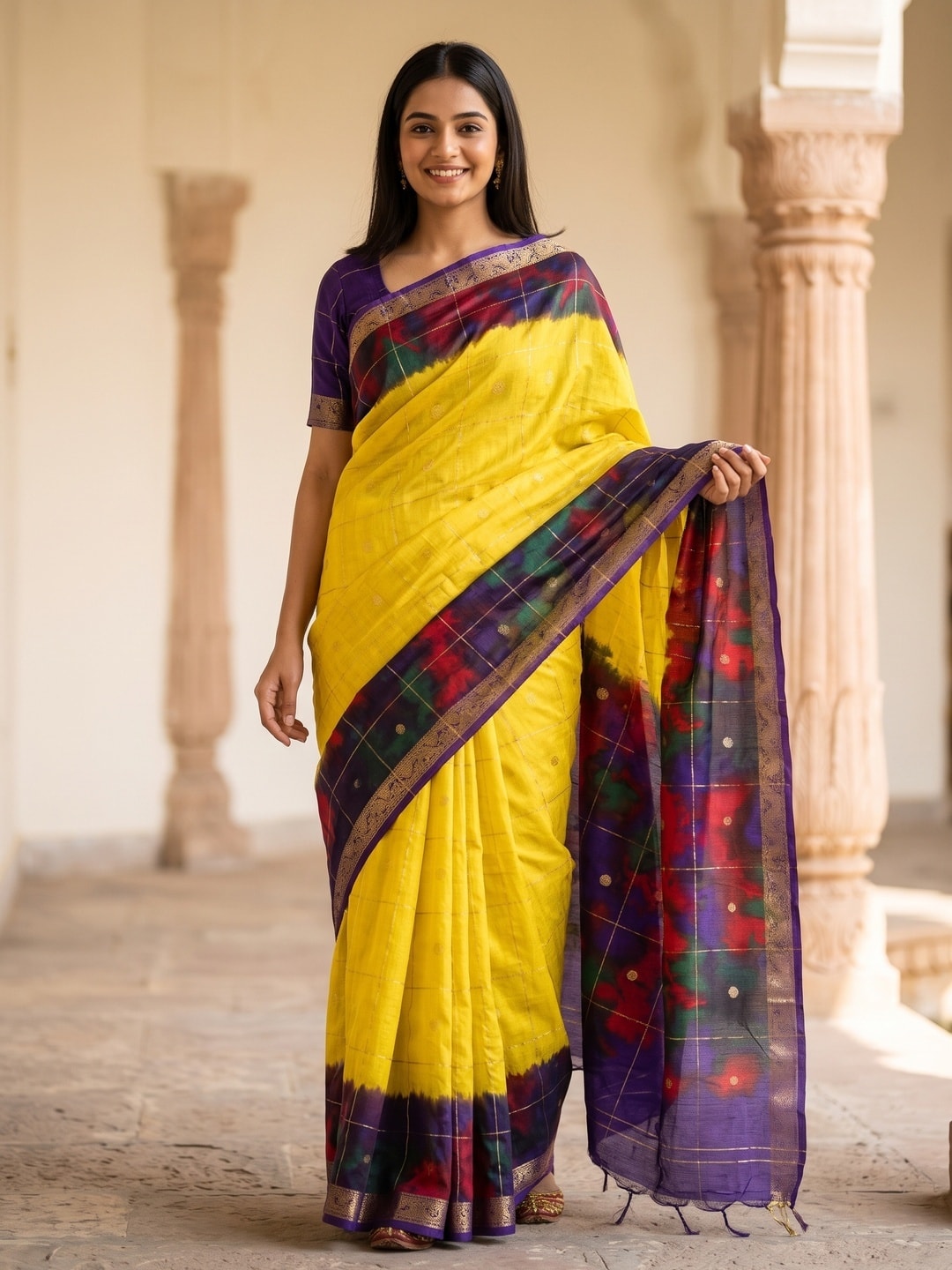 Peachmode Lemon Yellow Pure Cotton Silk Saree With Bentex Jacquard And Shiburi Tie-Dye Print - Image 1