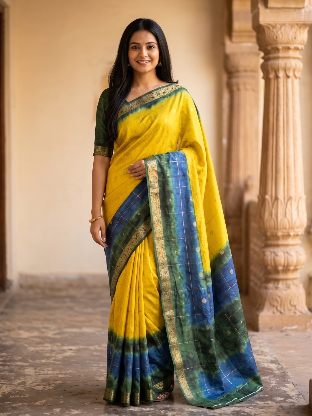 Peachmode Yellow Pure Cotton Silk Saree With Bentex Jacquard And Shiburi Tie-Dye Print - Image 1