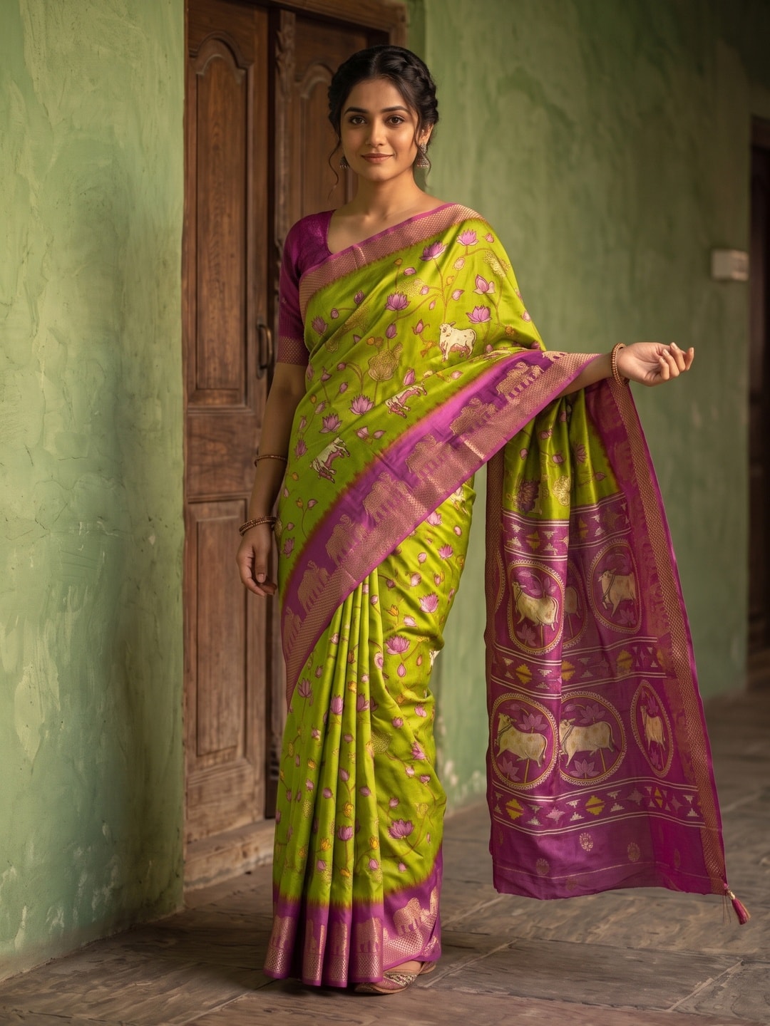 Peachmode Lime Green Pure Cotton Silk Saree With Kalamkari Jacquard And Lotus Print Cow Medallion Pallu - Image 1