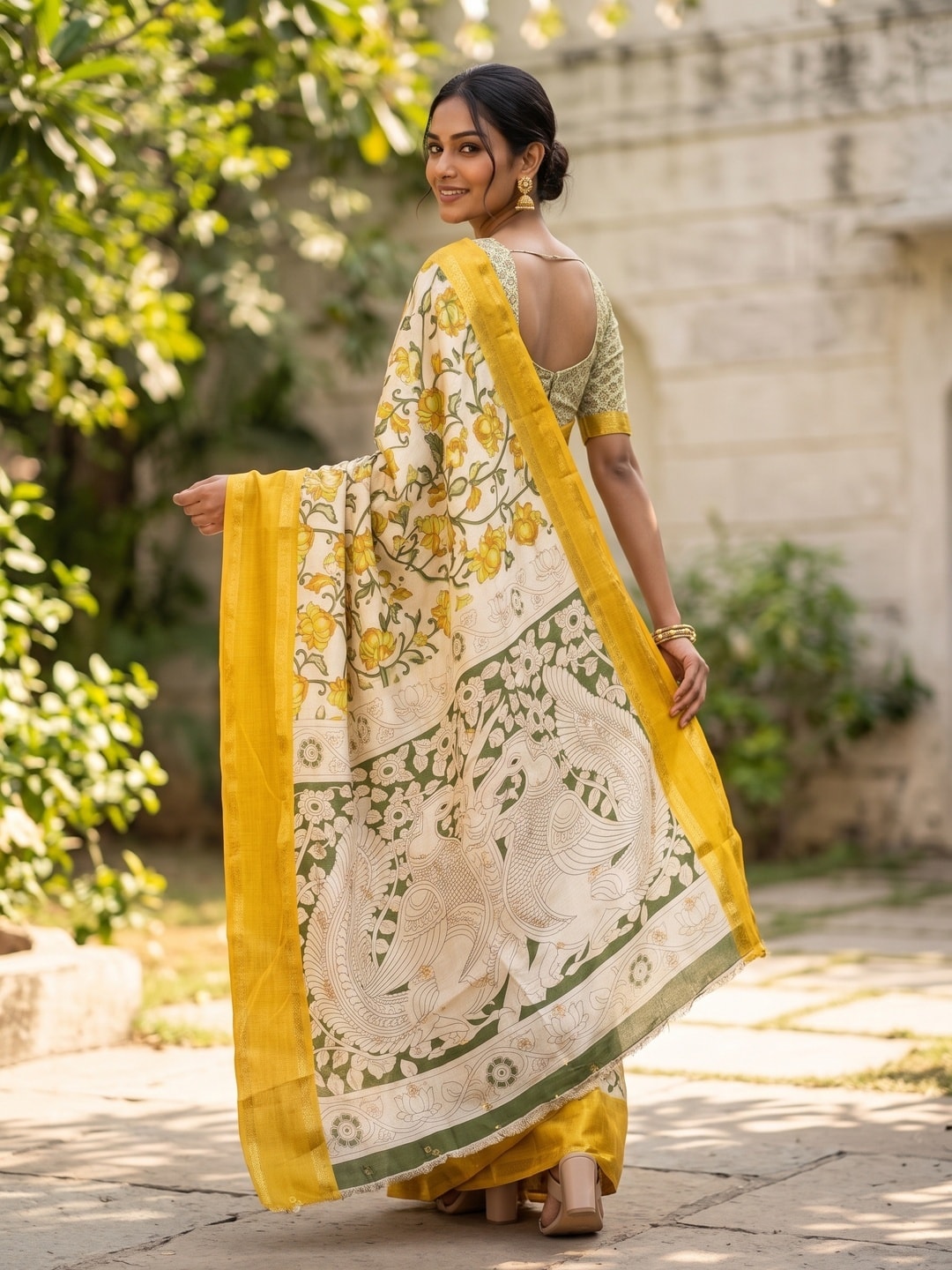 Peachmode Mustard Pure Cotton Silk Saree With Bentex Jacquard And Chennur Kalamkari Floral Print - Image 2