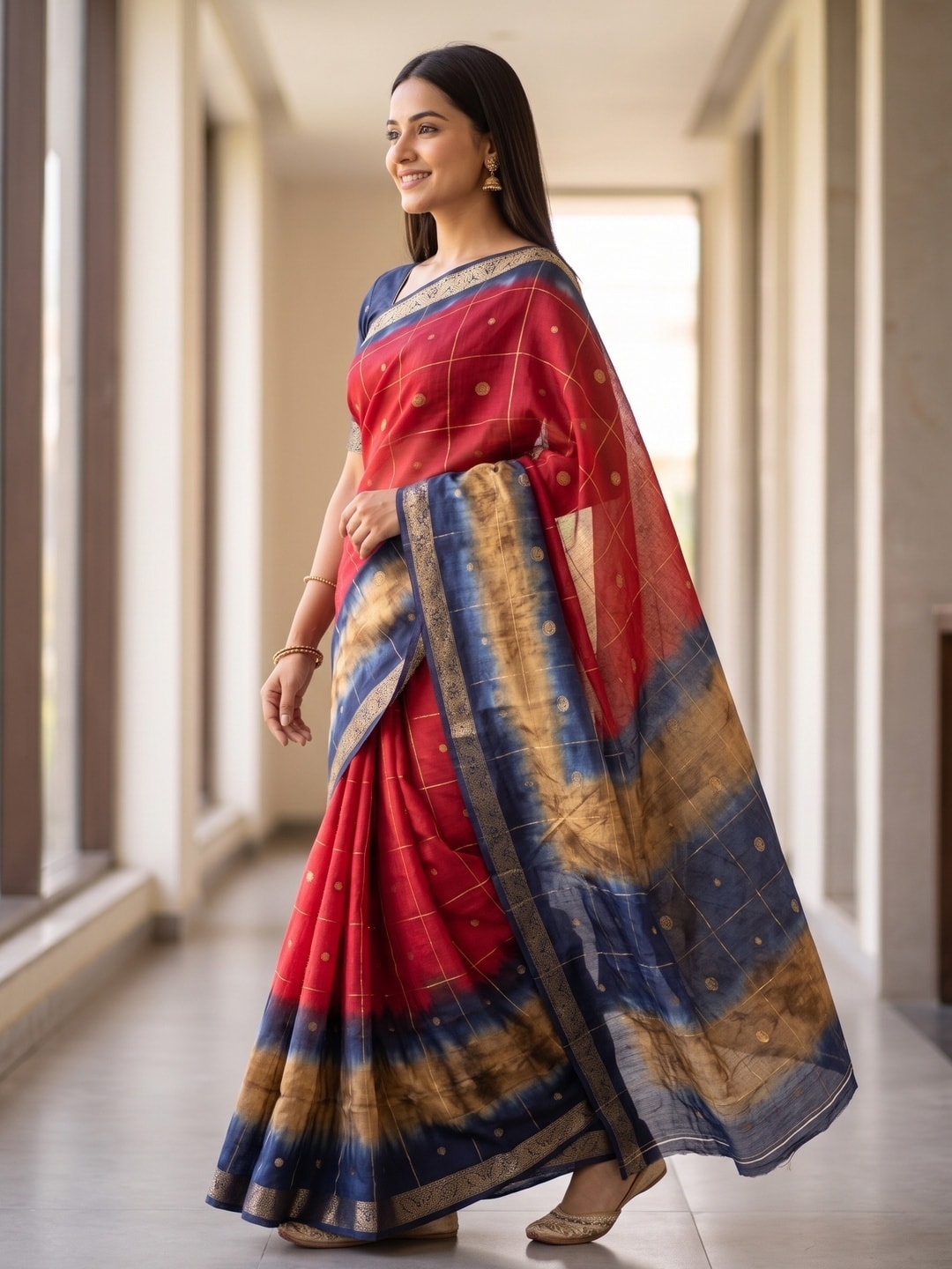 Peachmode Crimson Pure Cotton Silk Saree With Bentex Jacquard And Shiburi Tie-Dye Print - Image 3