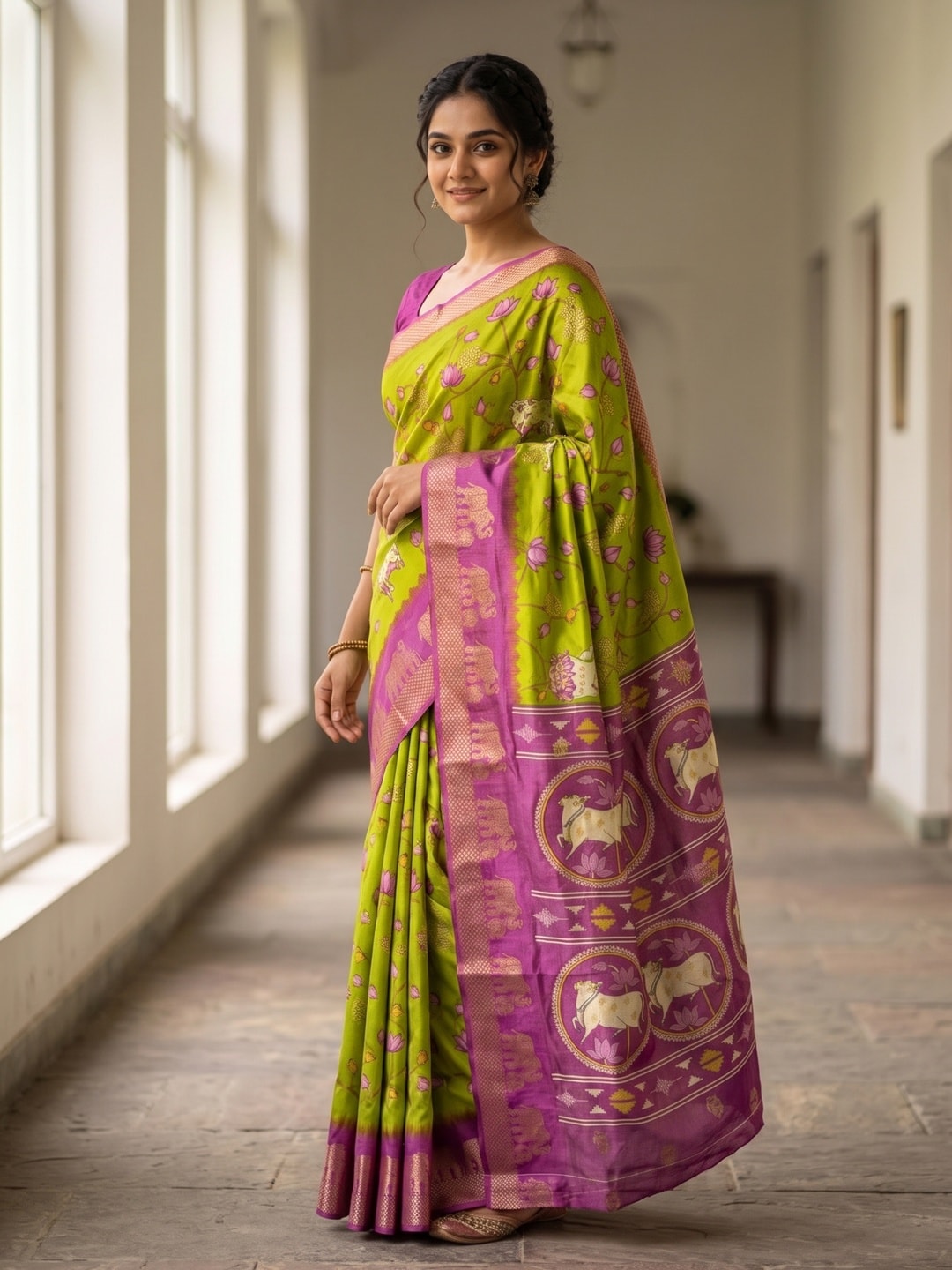Peachmode Lime Green Pure Cotton Silk Saree With Kalamkari Jacquard And Lotus Print Cow Medallion Pallu - Image 3