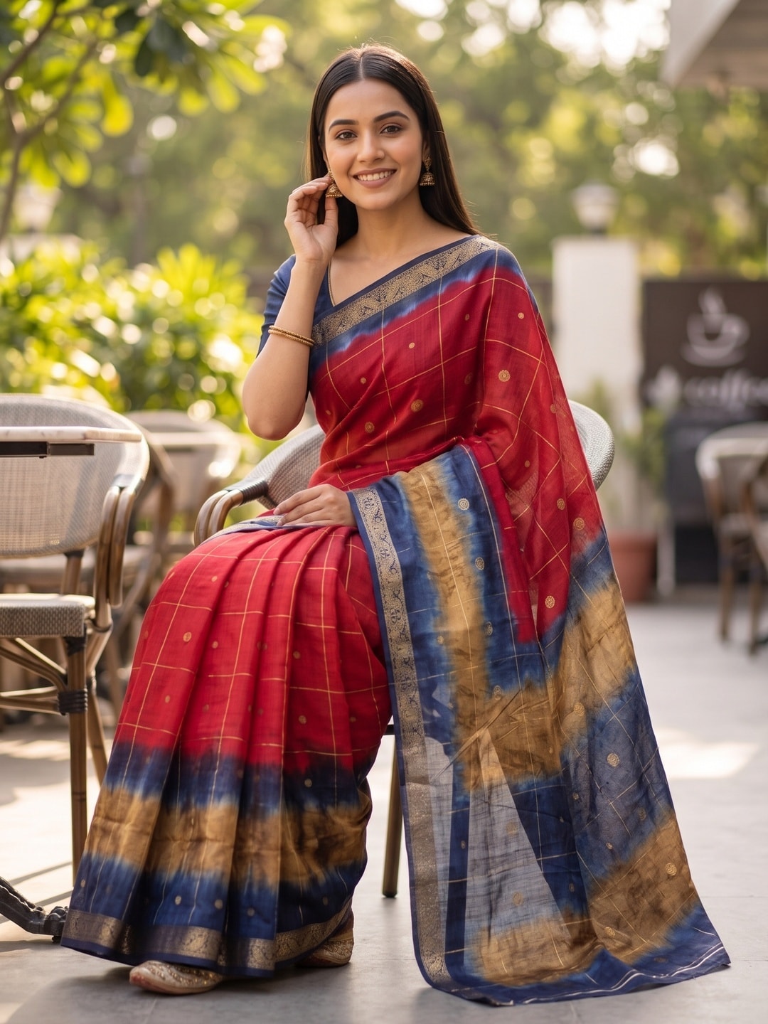 Peachmode Crimson Pure Cotton Silk Saree With Bentex Jacquard And Shiburi Tie-Dye Print - Image 4