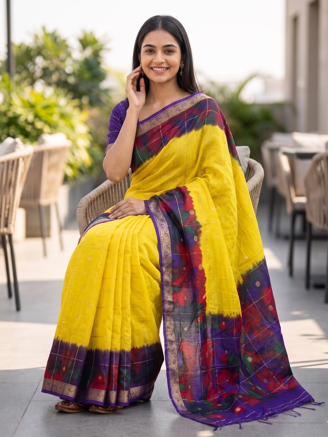 Peachmode Lemon Yellow Pure Cotton Silk Saree With Bentex Jacquard And Shiburi Tie-Dye Print - Image 4