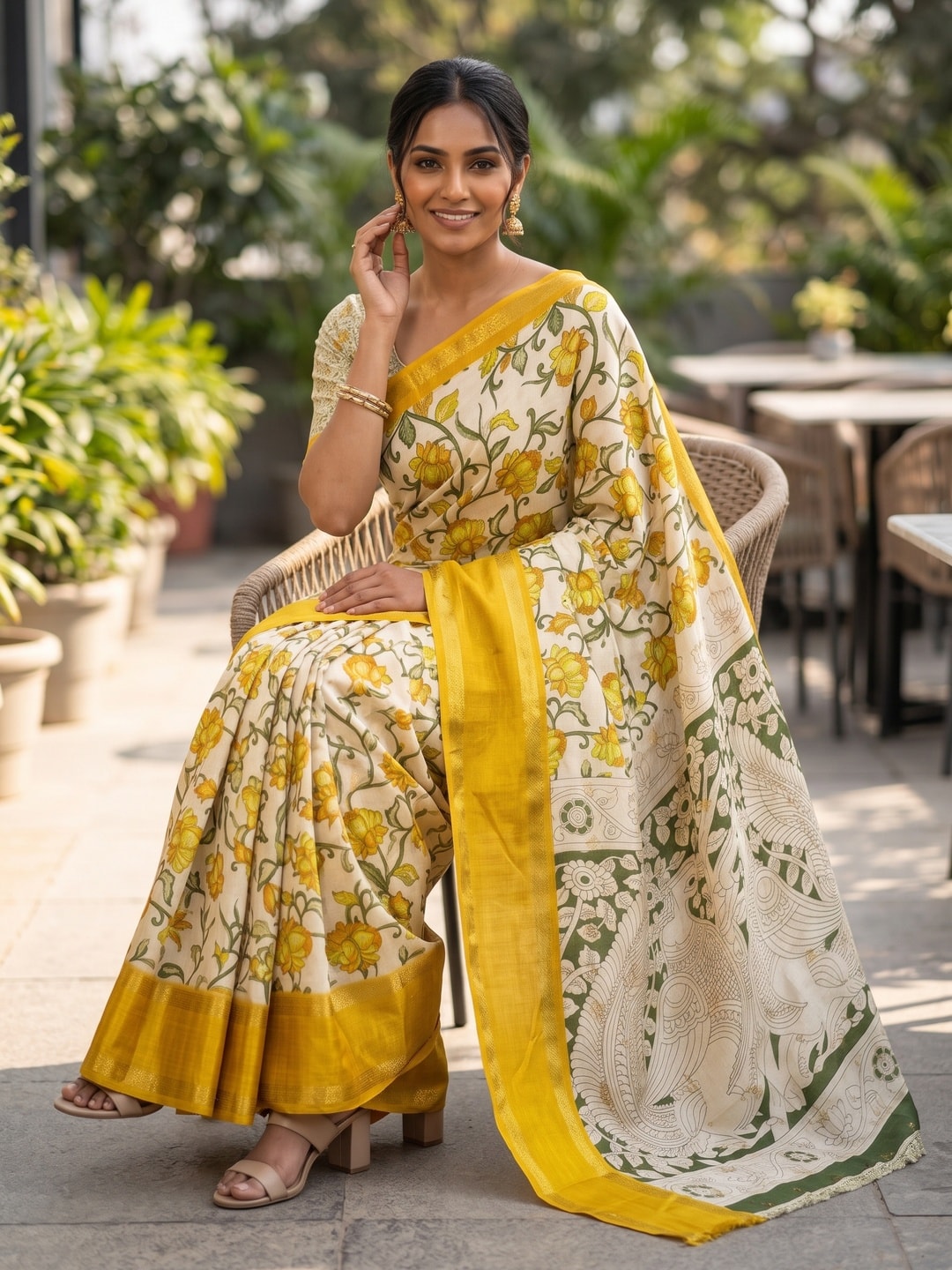 Peachmode Mustard Pure Cotton Silk Saree With Bentex Jacquard And Chennur Kalamkari Floral Print - Image 4