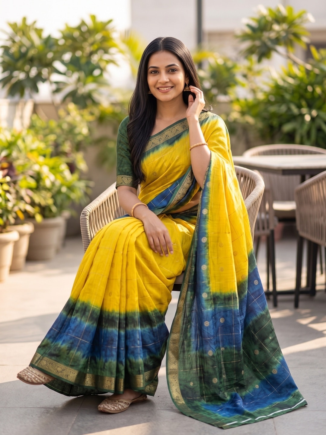 Peachmode Yellow Pure Cotton Silk Saree With Bentex Jacquard And Shiburi Tie-Dye Print - Image 4