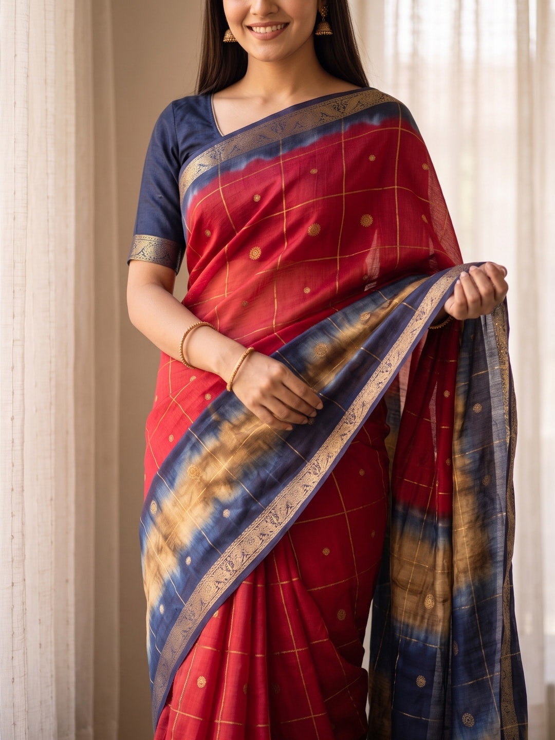 Peachmode Crimson Pure Cotton Silk Saree With Bentex Jacquard And Shiburi Tie-Dye Print - Image 5