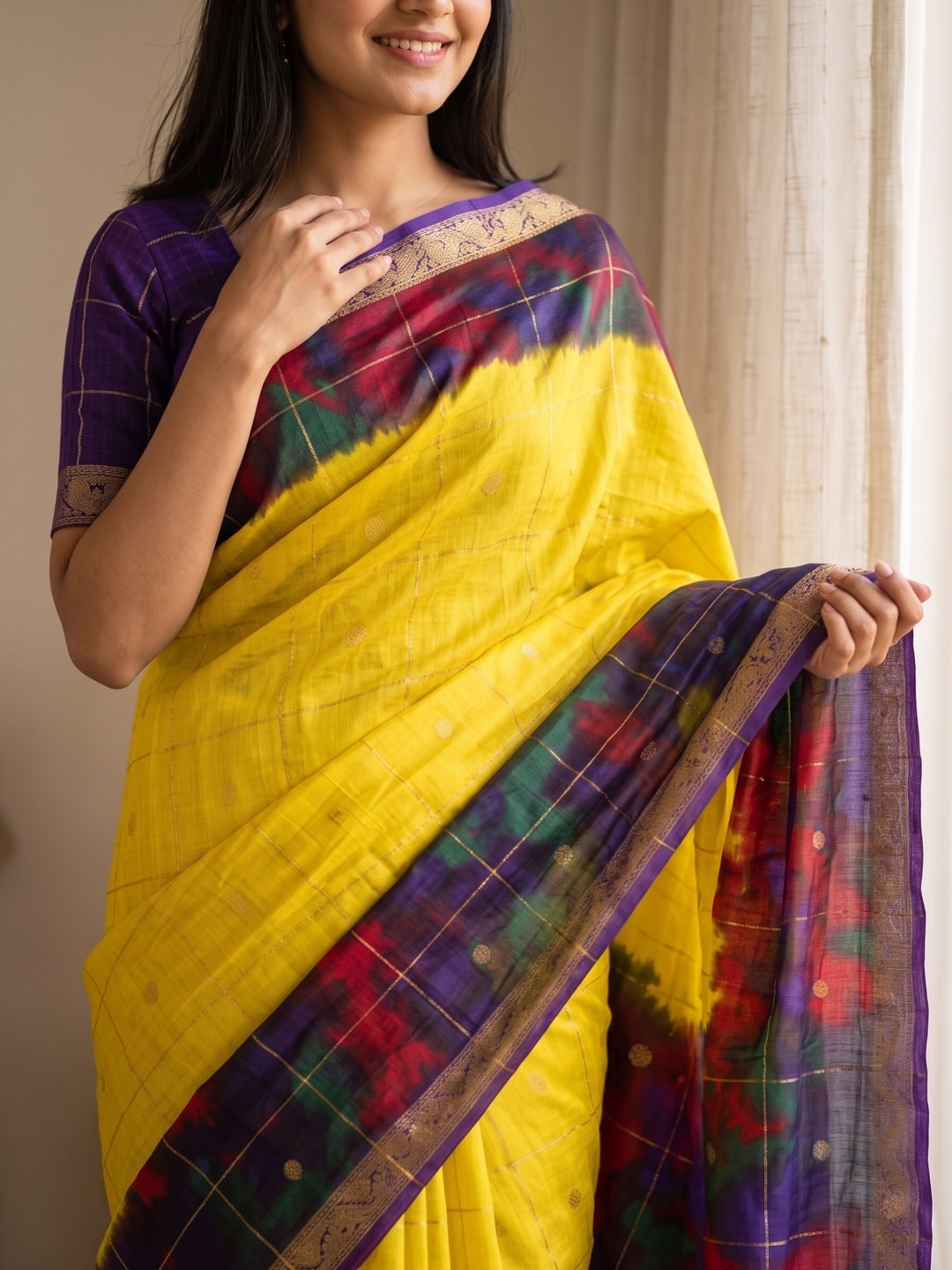 Peachmode Lemon Yellow Pure Cotton Silk Saree With Bentex Jacquard And Shiburi Tie-Dye Print - Image 5