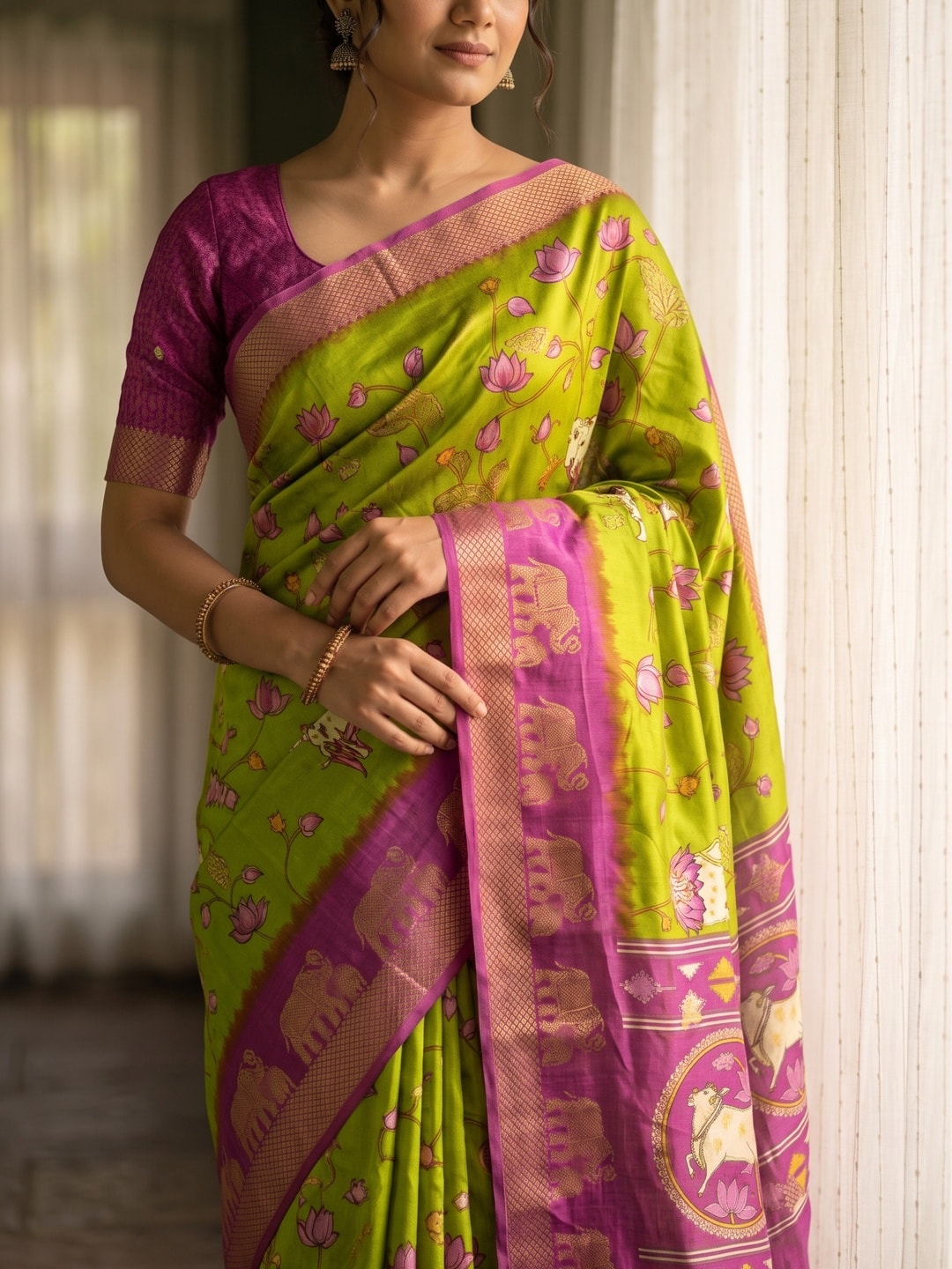 Peachmode Lime Green Pure Cotton Silk Saree With Kalamkari Jacquard And Lotus Print Cow Medallion Pallu - Image 5