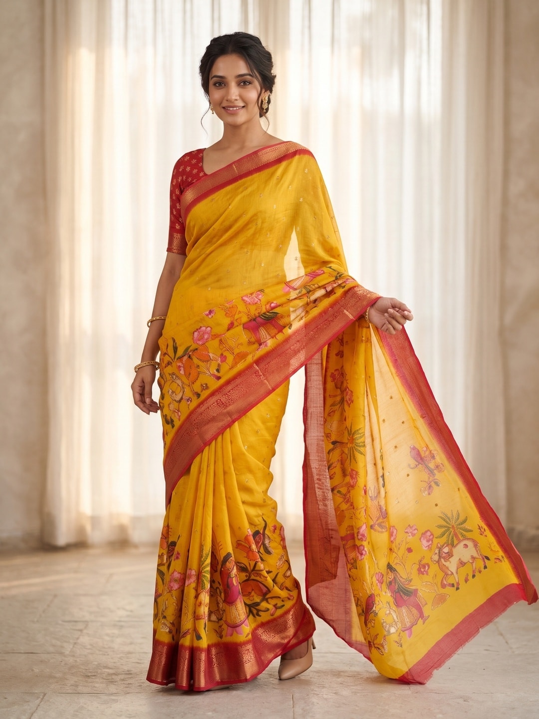 Peachmode Yellow Pure Moss Georgette Silk Saree With Jacquard And Kalamkari Zari Floral Print - Image 1
