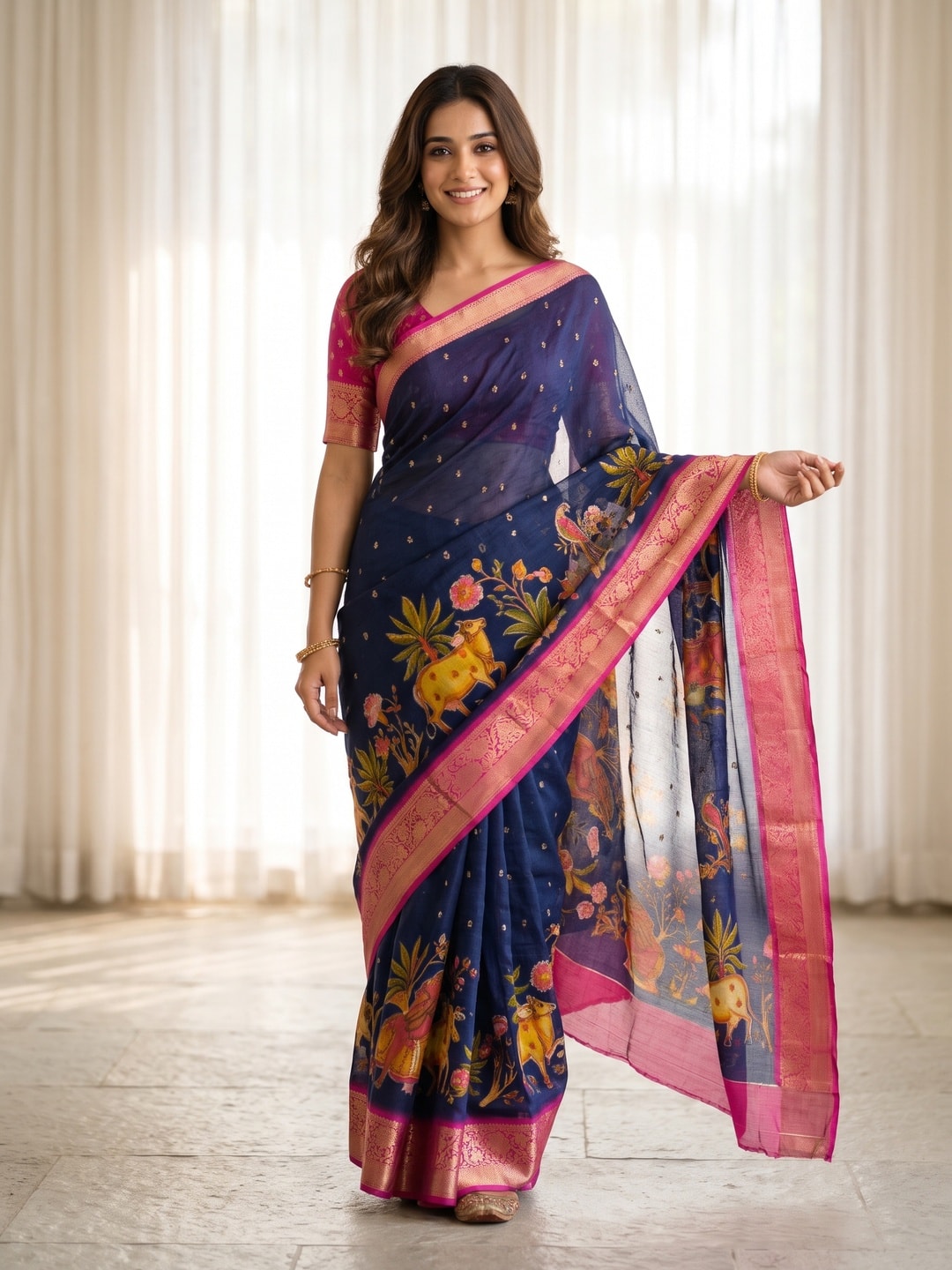 Peachmode Navy Blue Pure Moss Georgette Silk Saree With Jacquard And Kalamkari Zari Floral Print - Image 1