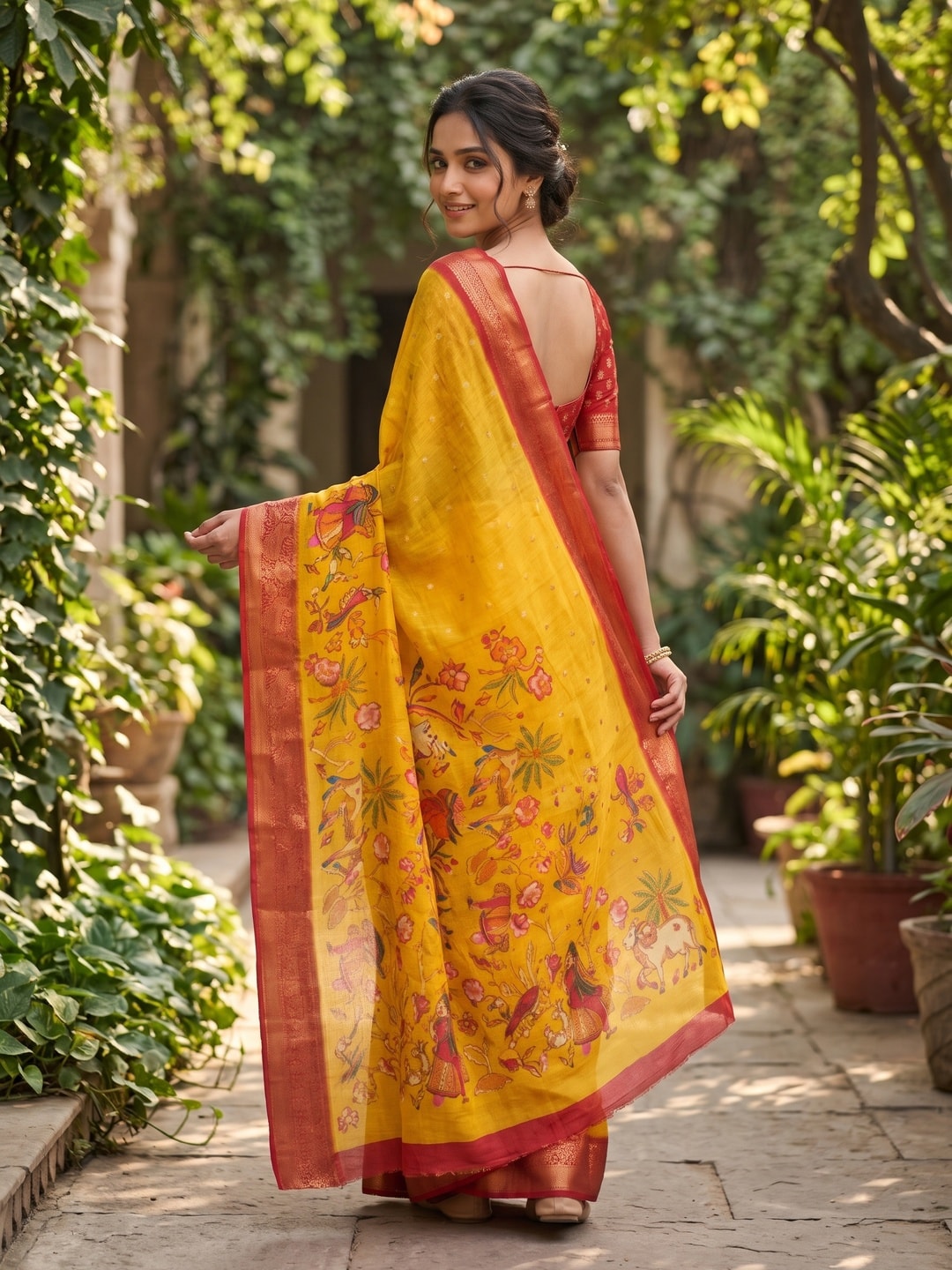 Peachmode Yellow Pure Moss Georgette Silk Saree With Jacquard And Kalamkari Zari Floral Print - Image 2
