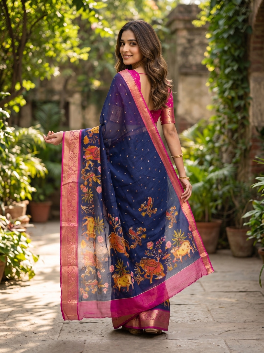 Peachmode Navy Blue Pure Moss Georgette Silk Saree With Jacquard And Kalamkari Zari Floral Print - Image 2