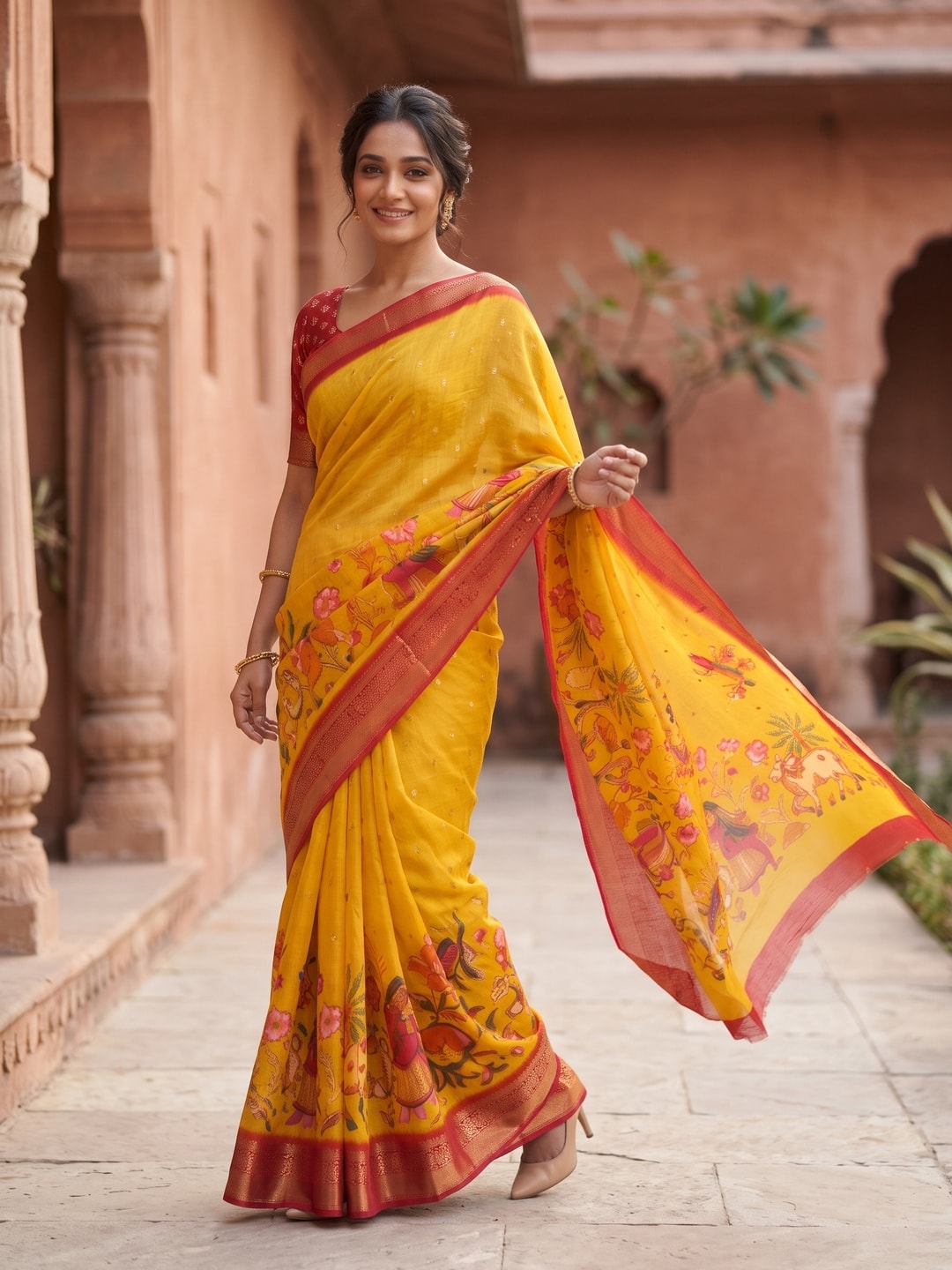 Peachmode Yellow Pure Moss Georgette Silk Saree With Jacquard And Kalamkari Zari Floral Print - Image 3