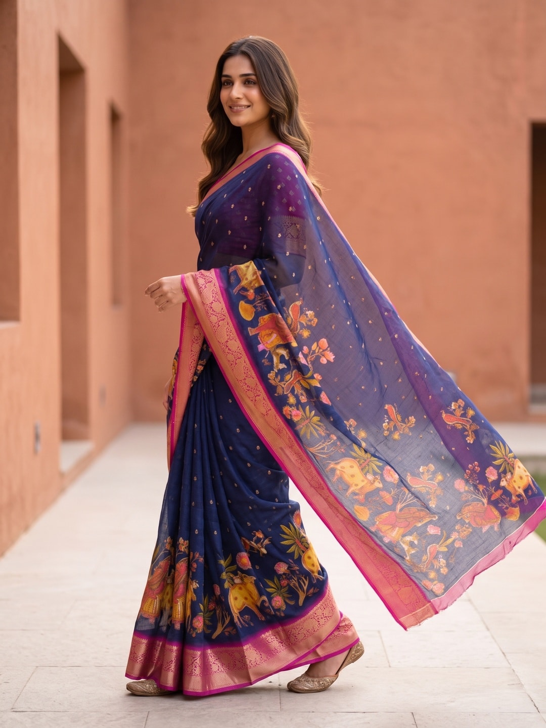 Peachmode Navy Blue Pure Moss Georgette Silk Saree With Jacquard And Kalamkari Zari Floral Print - Image 3