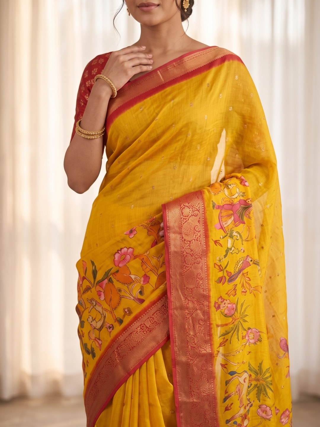 Peachmode Yellow Pure Moss Georgette Silk Saree With Jacquard And Kalamkari Zari Floral Print - Image 5