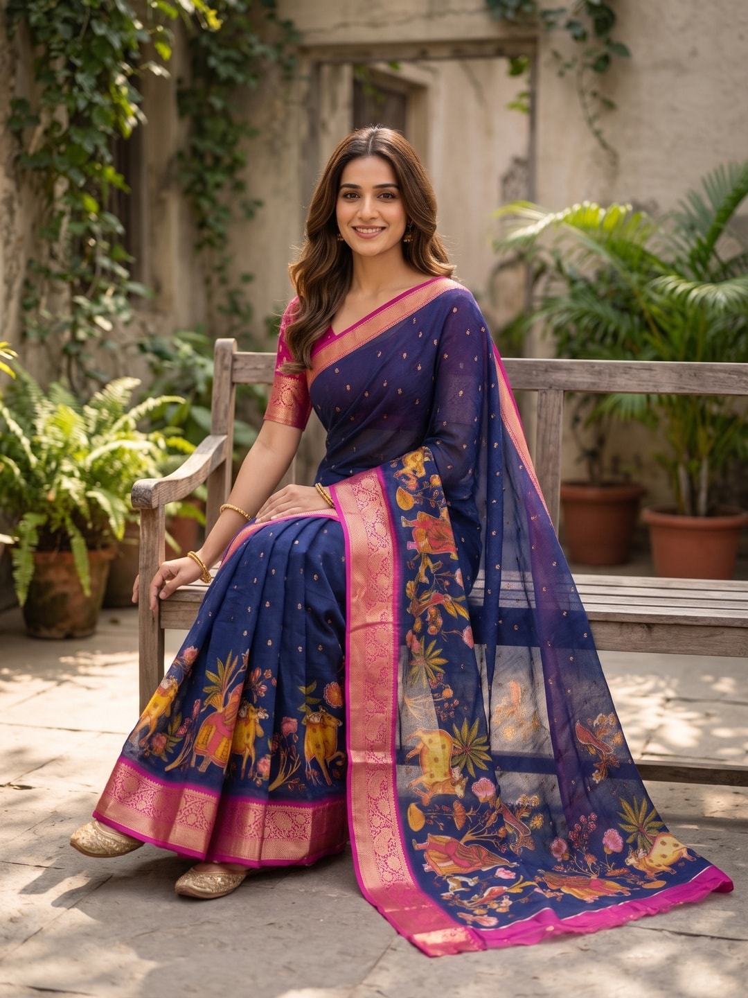 Peachmode Navy Blue Pure Moss Georgette Silk Saree With Jacquard And Kalamkari Zari Floral Print - Image 4