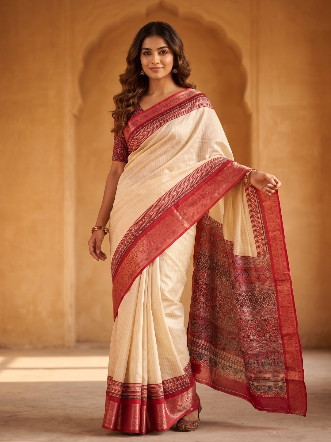 Peachmode Red Pure Cotton Silk Saree With Ricco Zari Jacquard And Chennur Ethnic Print Pallu - Image 1