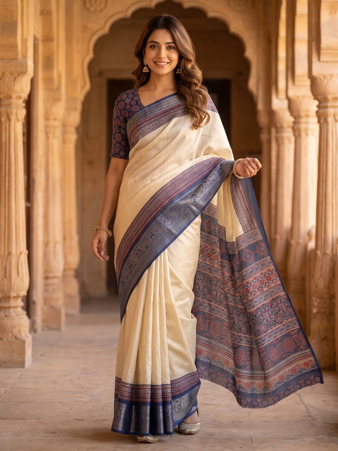 Peachmode Navy Blue Pure Cotton Silk Saree With Ricco Zari Jacquard And Chennur Ethnic Print Pallu - Image 1