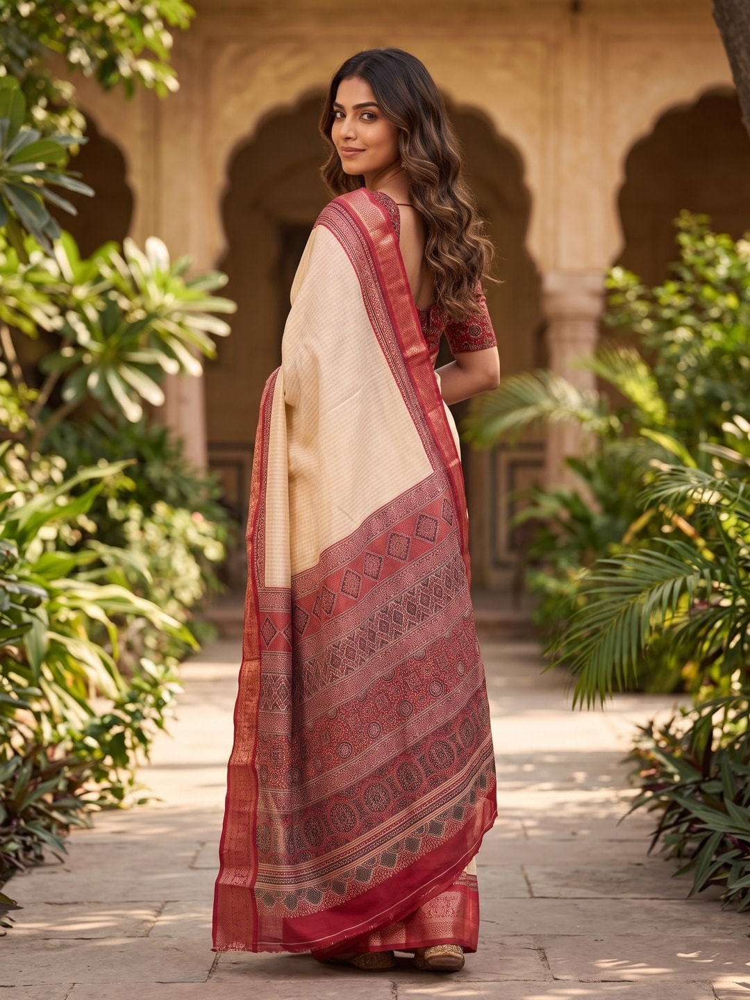 Peachmode Red Pure Cotton Silk Saree With Ricco Zari Jacquard And Chennur Ethnic Print Pallu - Image 2