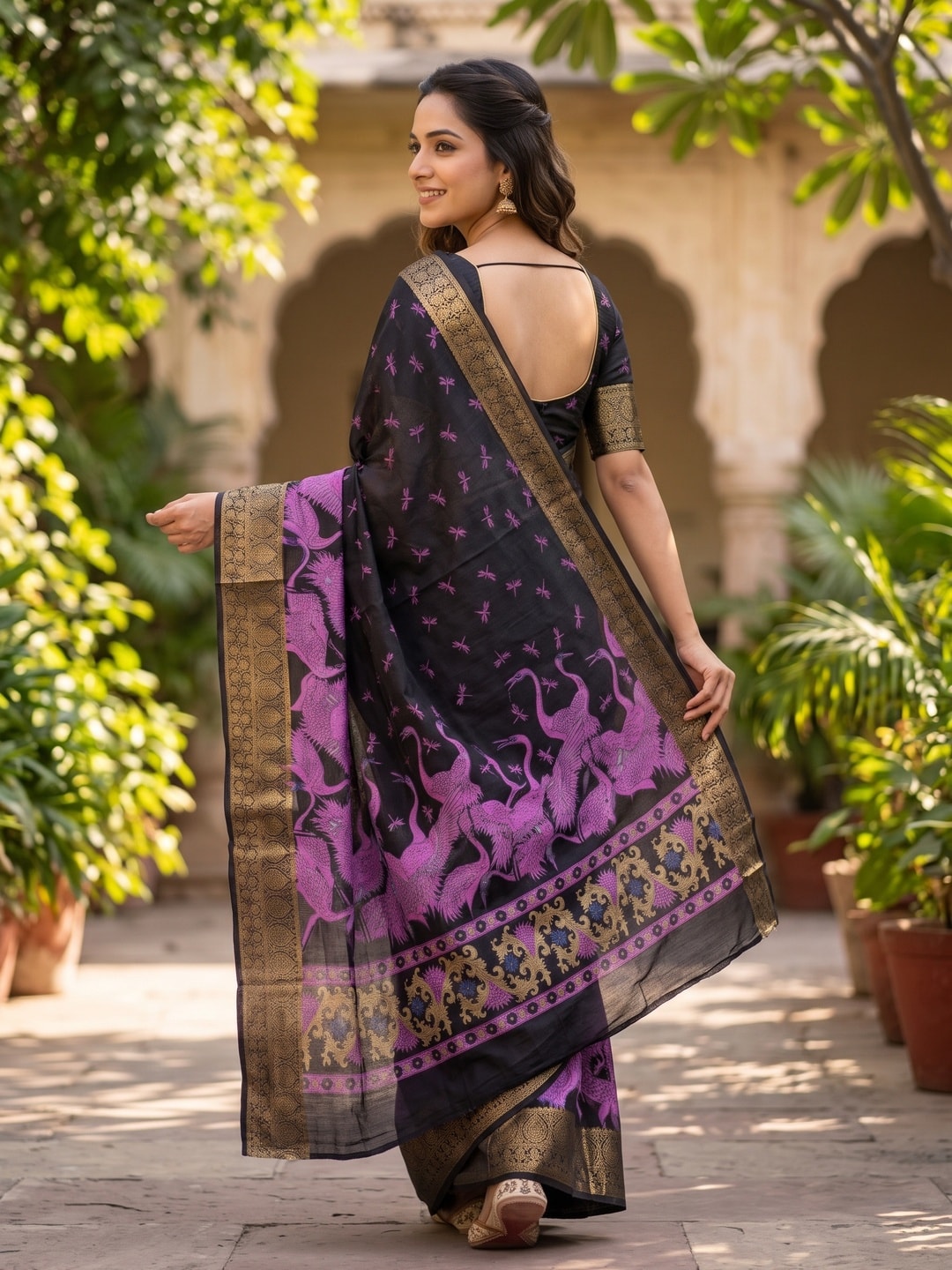 Peachmode Purple Pure Cotton Silk Saree With Ricco Zari Jacquard And Crane Print - Image 2