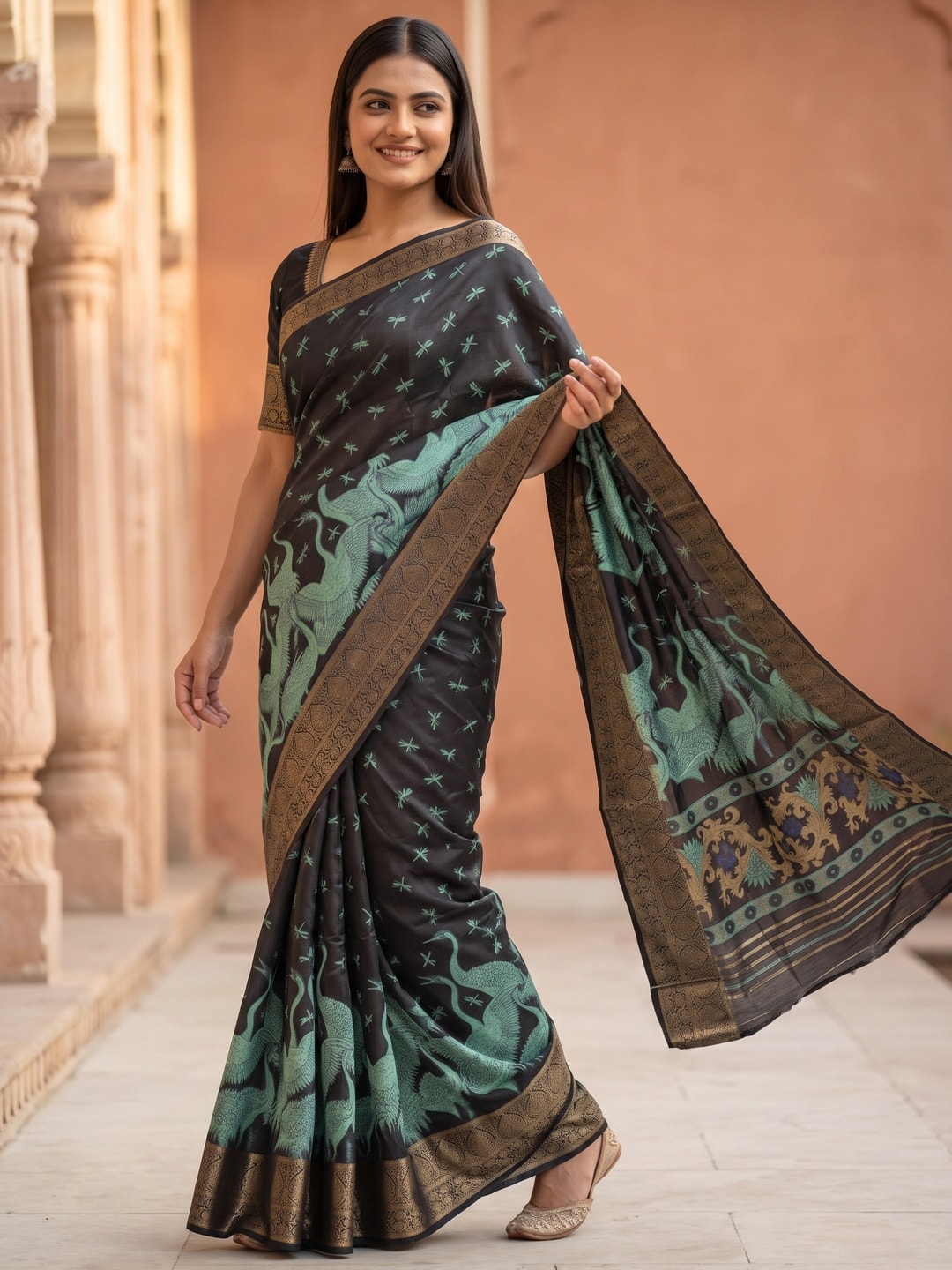 Peachmode Teal Pure Cotton Silk Saree With Ricco Zari Jacquard And Crane Print - Image 3
