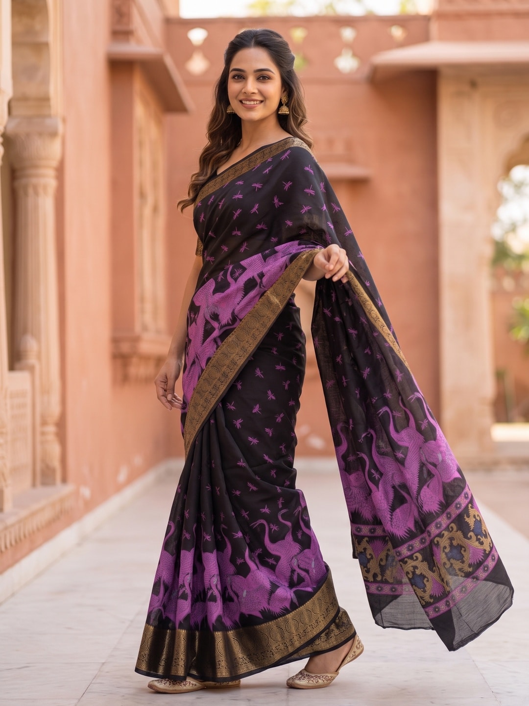 Peachmode Purple Pure Cotton Silk Saree With Ricco Zari Jacquard And Crane Print - Image 3