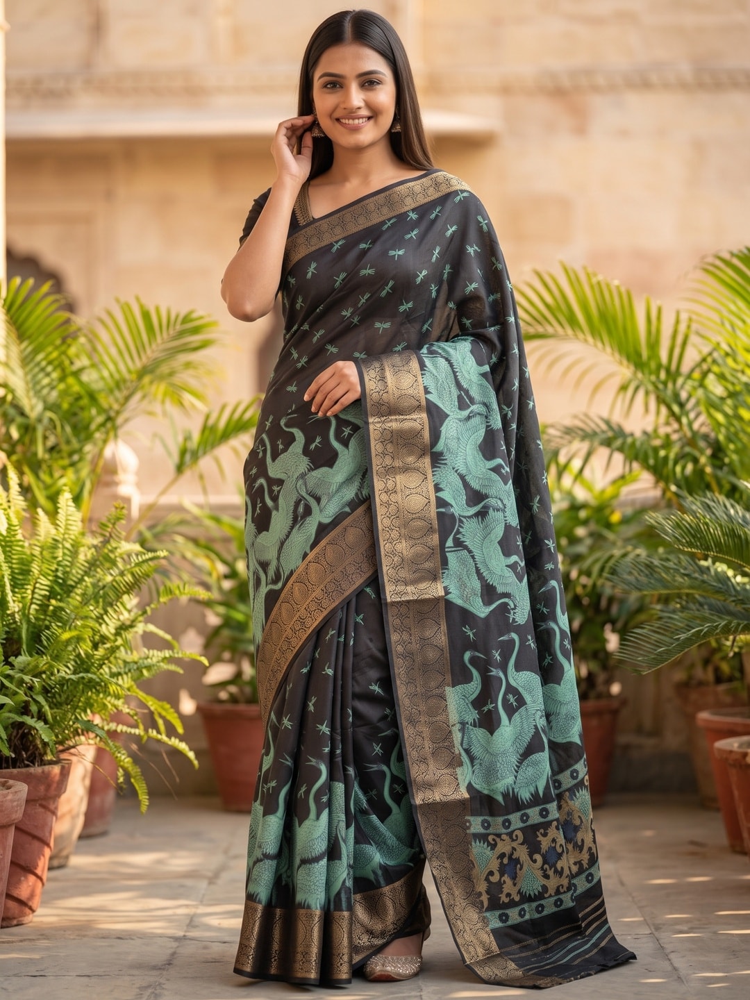 Peachmode Teal Pure Cotton Silk Saree With Ricco Zari Jacquard And Crane Print - Image 4