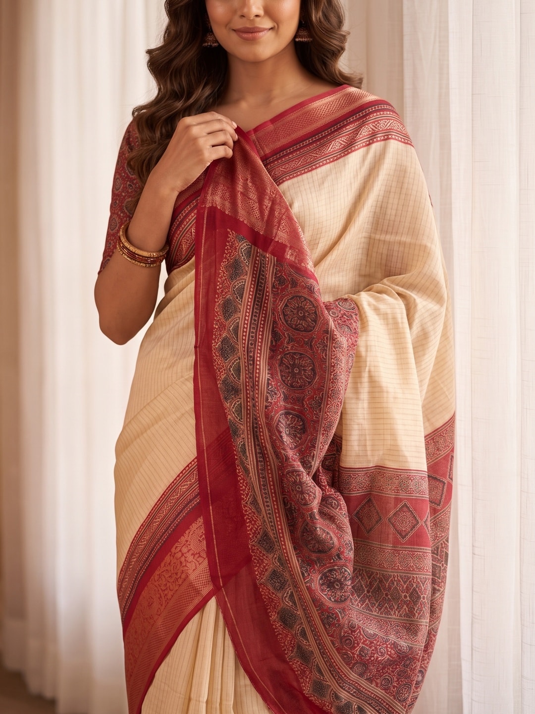 Peachmode Red Pure Cotton Silk Saree With Ricco Zari Jacquard And Chennur Ethnic Print Pallu - Image 5