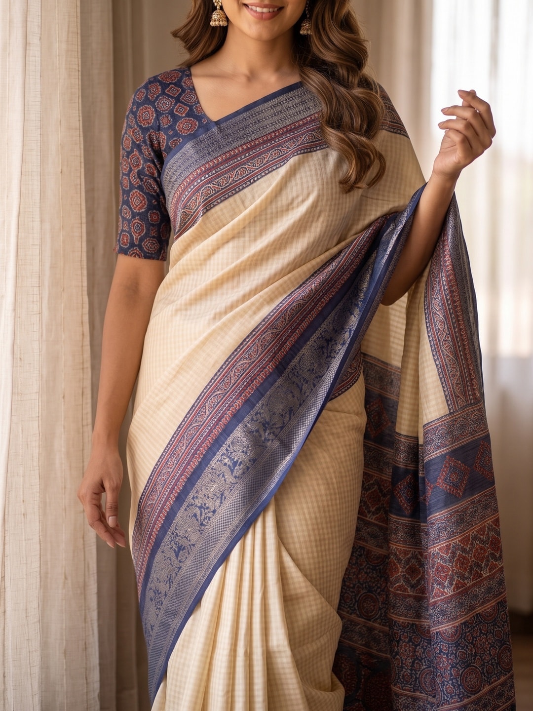 Peachmode Navy Blue Pure Cotton Silk Saree With Ricco Zari Jacquard And Chennur Ethnic Print Pallu - Image 5