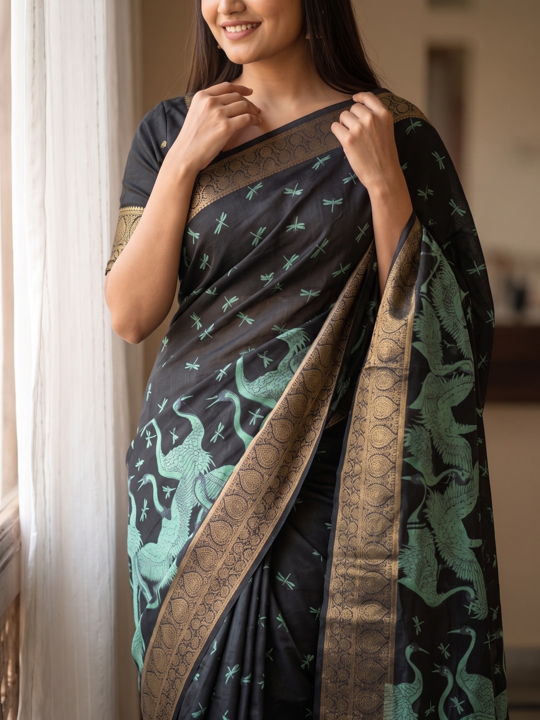 Peachmode Teal Pure Cotton Silk Saree With Ricco Zari Jacquard And Crane Print - Image 5