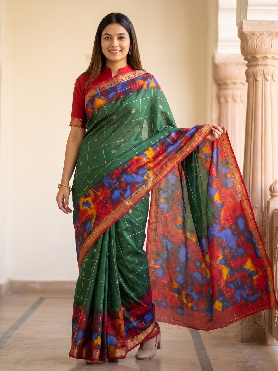 Peachmode Bottle Green Pure Cotton Silk Saree With Bentex Jacquard And Shiburi Tie-Dye Print - Image 1