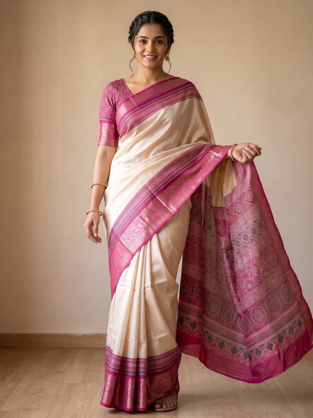 Peachmode Pink Pure Cotton Silk Saree With Ricco Zari Jacquard And Chennur Ethnic Print Pallu - Image 1