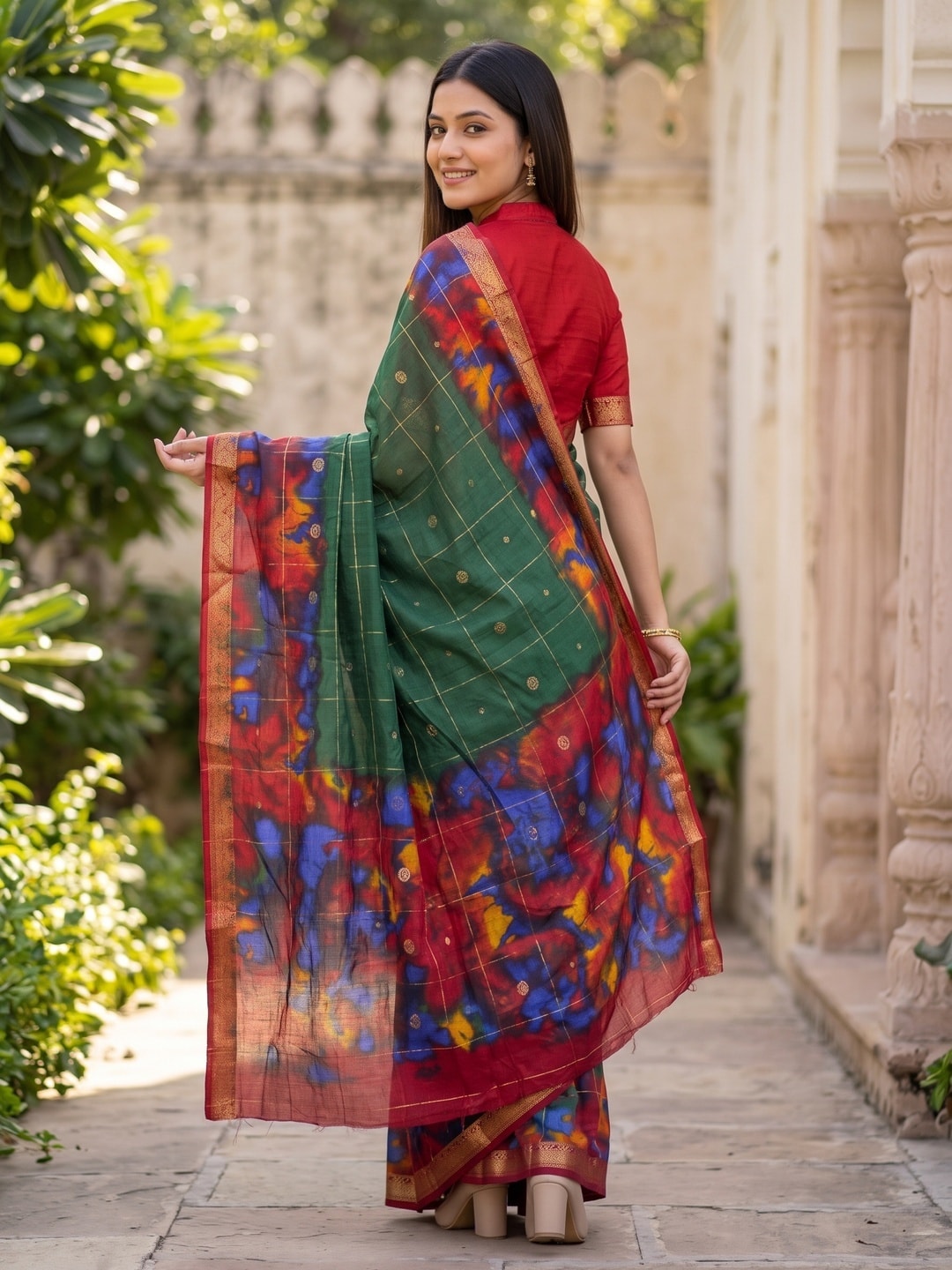 Peachmode Bottle Green Pure Cotton Silk Saree With Bentex Jacquard And Shiburi Tie-Dye Print - Image 2