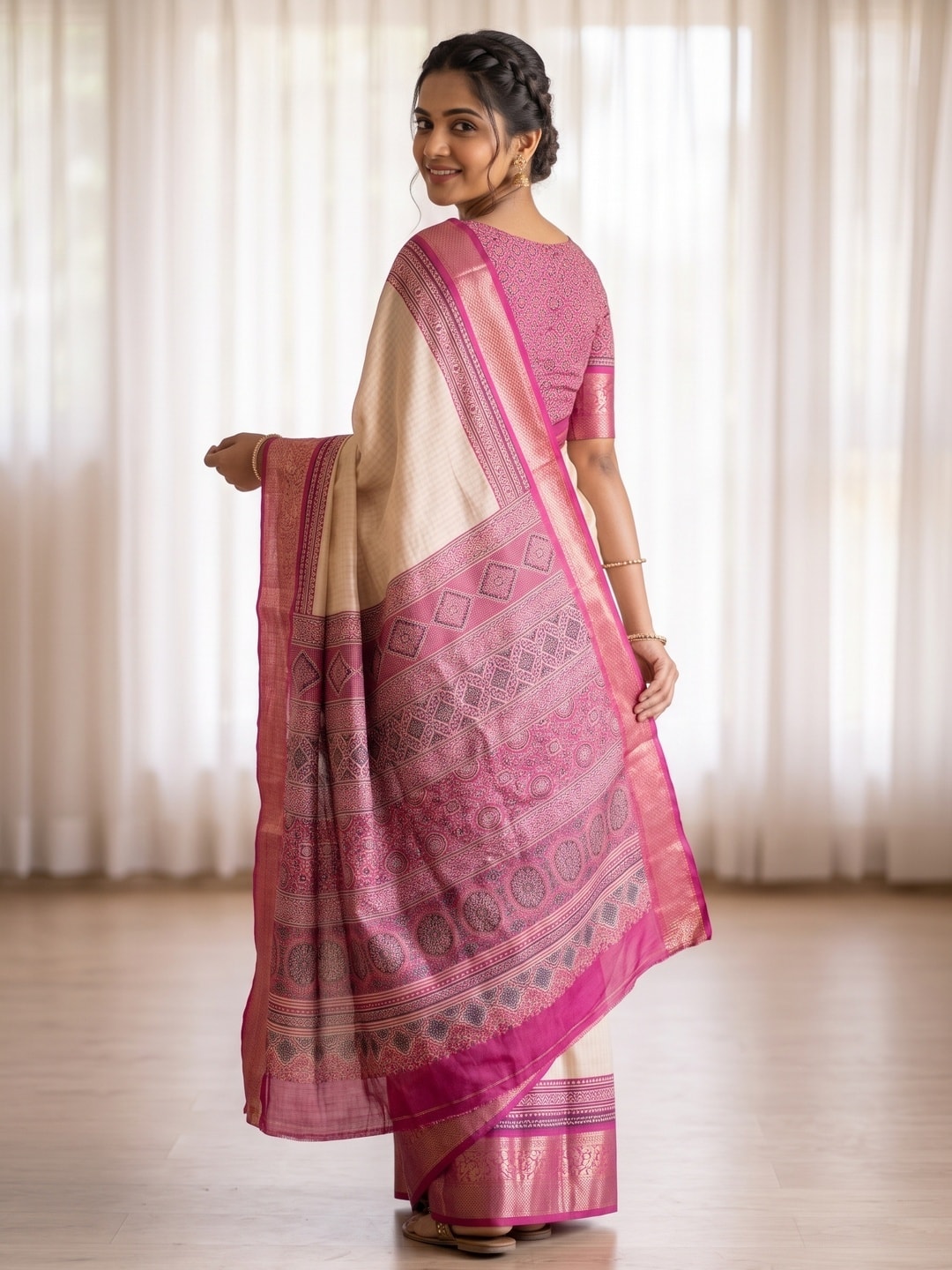 Peachmode Pink Pure Cotton Silk Saree With Ricco Zari Jacquard And Chennur Ethnic Print Pallu - Image 2