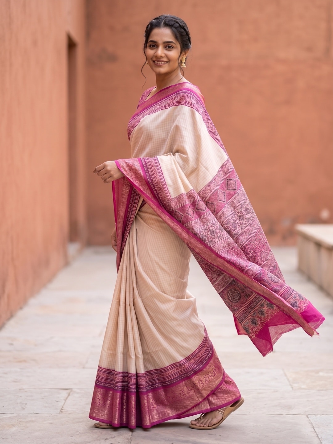 Peachmode Pink Pure Cotton Silk Saree With Ricco Zari Jacquard And Chennur Ethnic Print Pallu - Image 3
