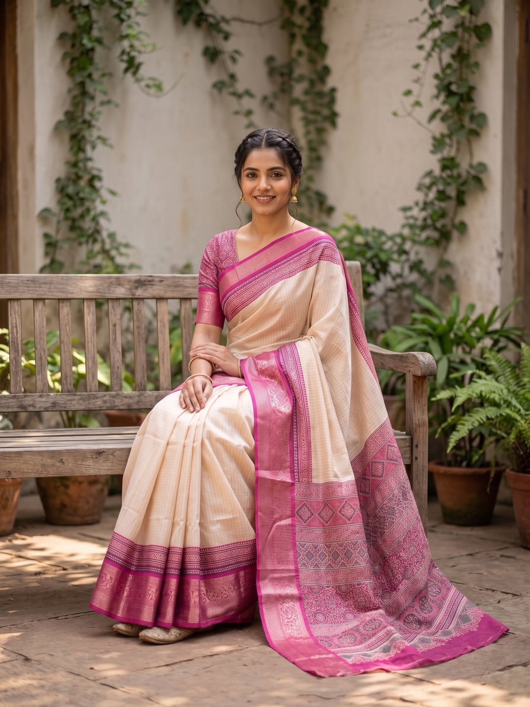 Peachmode Pink Pure Cotton Silk Saree With Ricco Zari Jacquard And Chennur Ethnic Print Pallu - Image 4