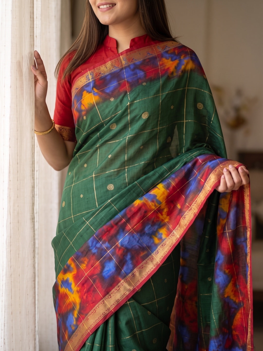Peachmode Bottle Green Pure Cotton Silk Saree With Bentex Jacquard And Shiburi Tie-Dye Print - Image 5