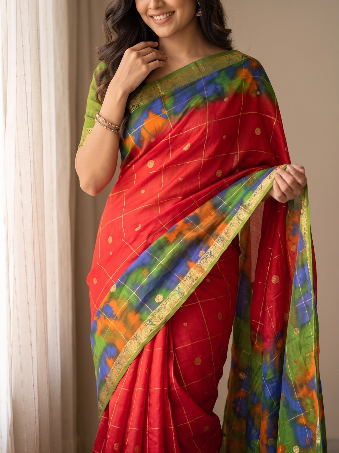 Peachmode Red Pure Cotton Silk Saree With Bentex Jacquard And Shiburi Tie-Dye Print - Image 5