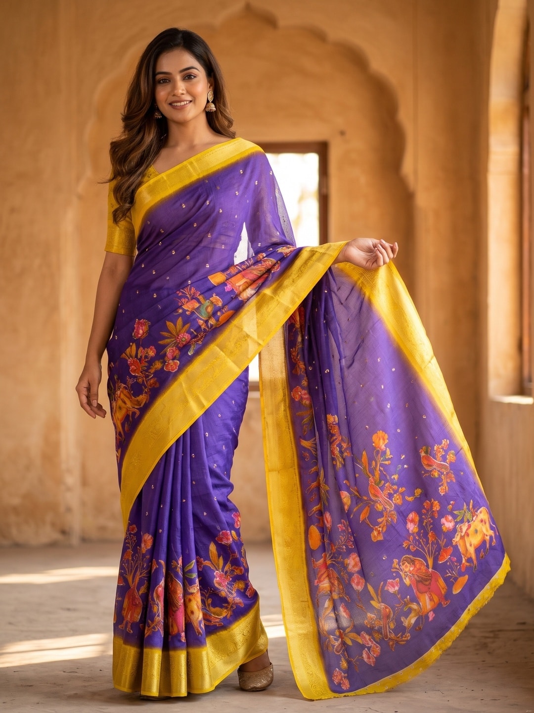 Peachmode Violet Pure Moss Georgette Silk Saree With Jacquard And Kalamkari Zari Floral Print - Image 1